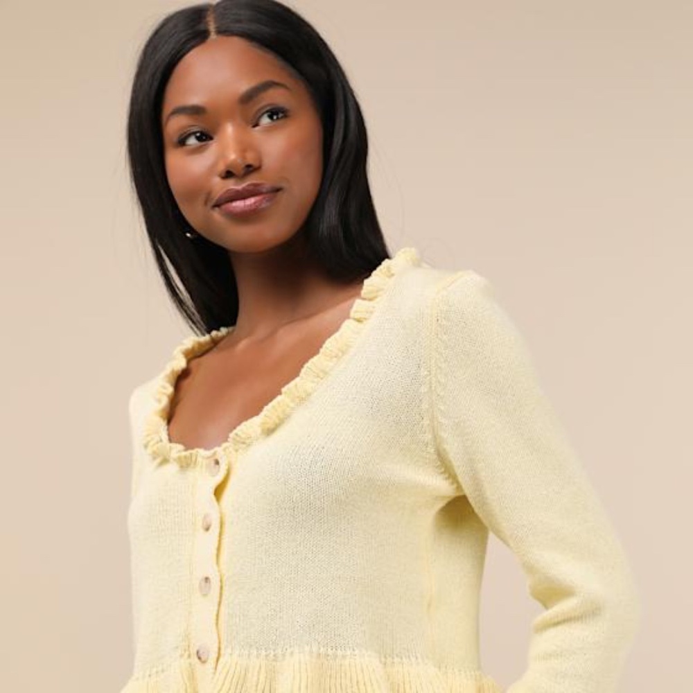 Lulus Impressively Sweet Light Yellow Ruffled Cropped Cardigan - Size L